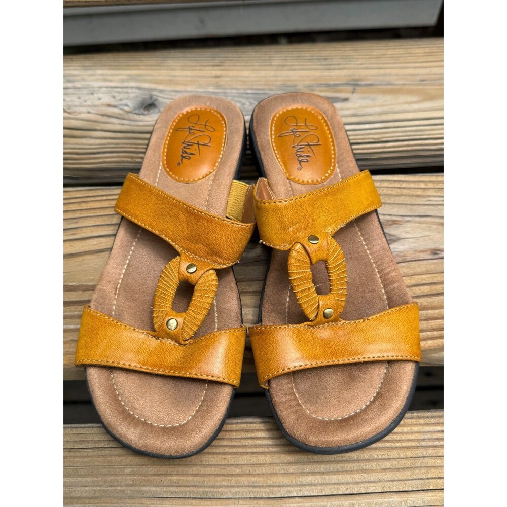 Life Stride "Equator" Womens Size 6.5 M Mustard Faux Leather Slip-On Sandals